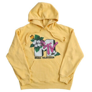 MTV Yellow Floral Design Logo Hoodie Sweatshirt